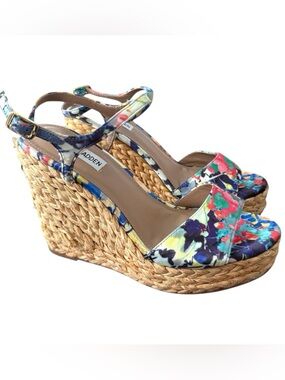 Steve Madden Floral Espadrille Wedge Sandals Ankle Strap Women’s Size 8